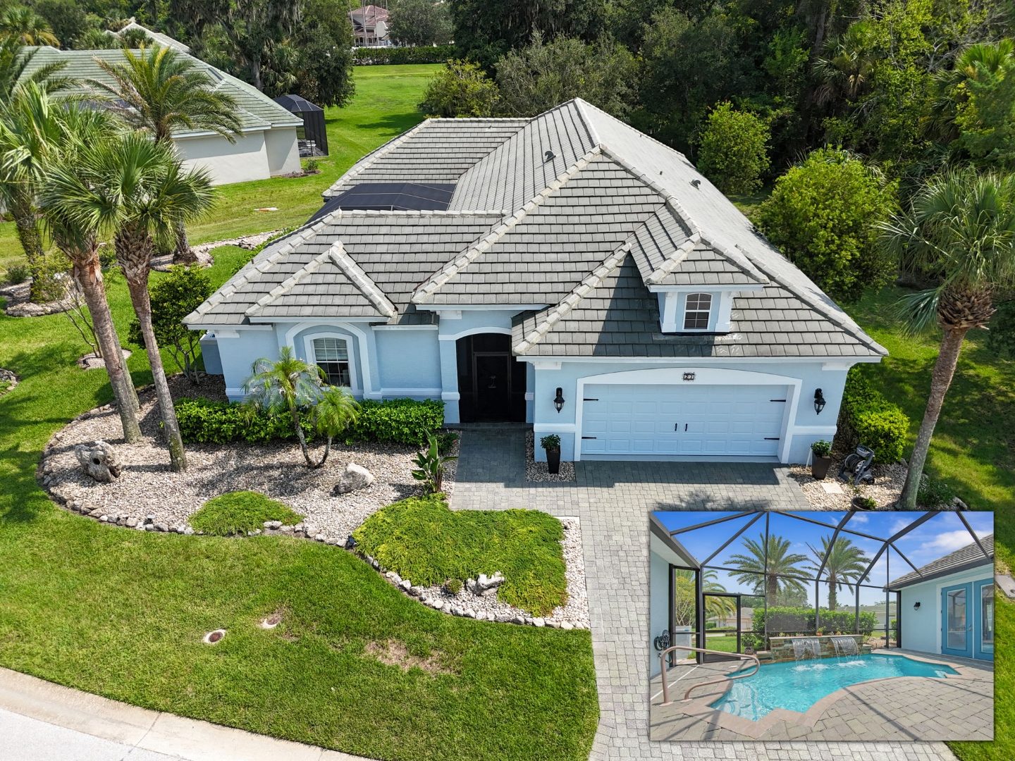 Aerial view of 27 Longview Way N with screened courtyard pool inset, Palm Coast FL