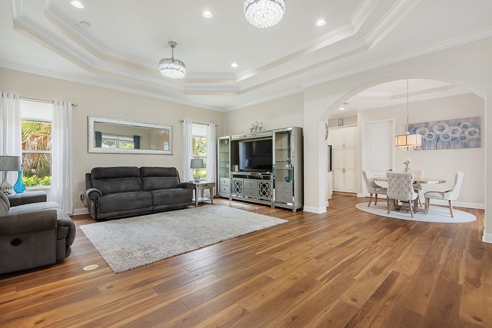 Living room with tray ceiling and archway to dining